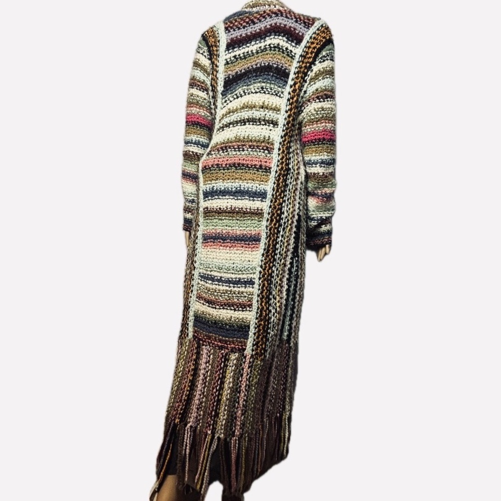 Free People T Party Cardigan Duster Multi Color Knit Fringe Coat of Many Colors - Picture 5 of 9
